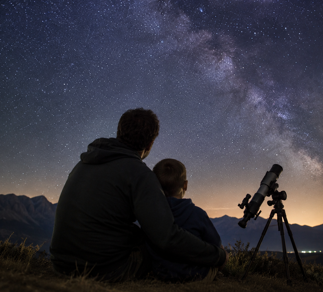 Tată și copil privind Calea Lactee sub cerul nopții, alături de un telescop